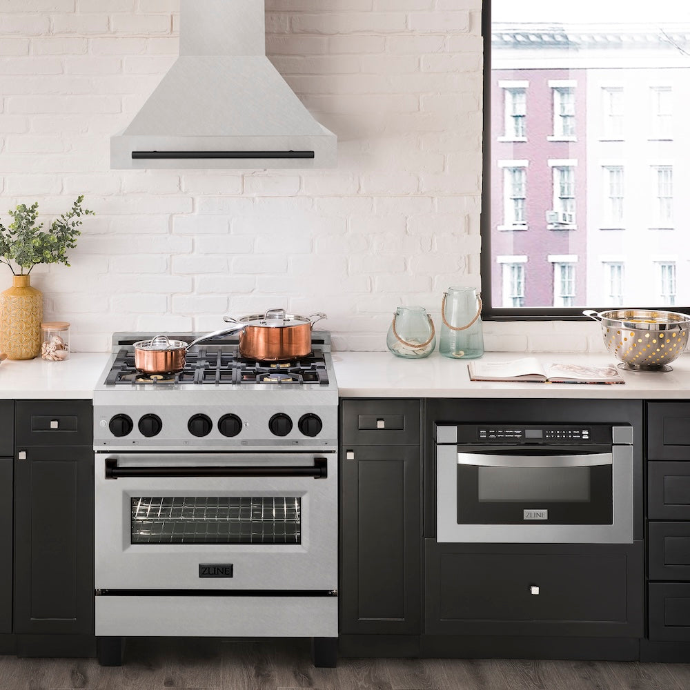 ZLINE Autograph Edition 30 in. Satin Stainless Steel Wall Mount Range Hood with Matte Black Handle (8654SNZ-30-MB)