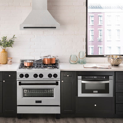 ZLINE Autograph Edition 30 in. Satin Stainless Steel Wall Mount Range Hood with Matte Black Handle (8654SNZ-30-MB)