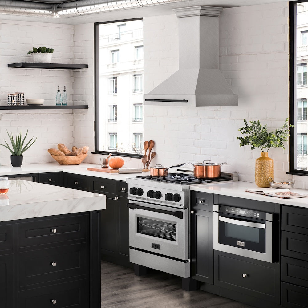 ZLINE Autograph Edition 30 in. Satin Stainless Steel Wall Mount Range Hood with Matte Black Handle (8654SNZ-30-MB)