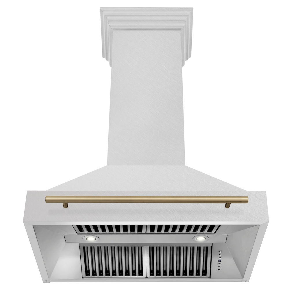 ZLINE Autograph Edition 36 in. Satin Stainless Steel Wall Mount Range Hood with Champagne Bronze Handle (8654SNZ-36-CB)
