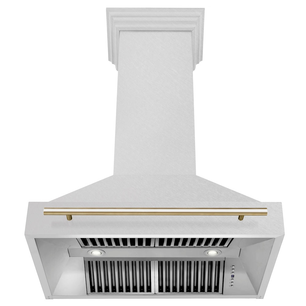 ZLINE Autograph Edition 36 in. Satin Stainless Steel Wall Mount Range Hood with Polished Gold Handle (8654SNZ-36-G)