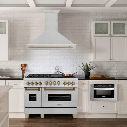 ZLINE Autograph Edition 48 in. Satin Stainless Steel Wall Mount Range Hood with Champagne Bronze Handle (8654SNZ-48-CB)