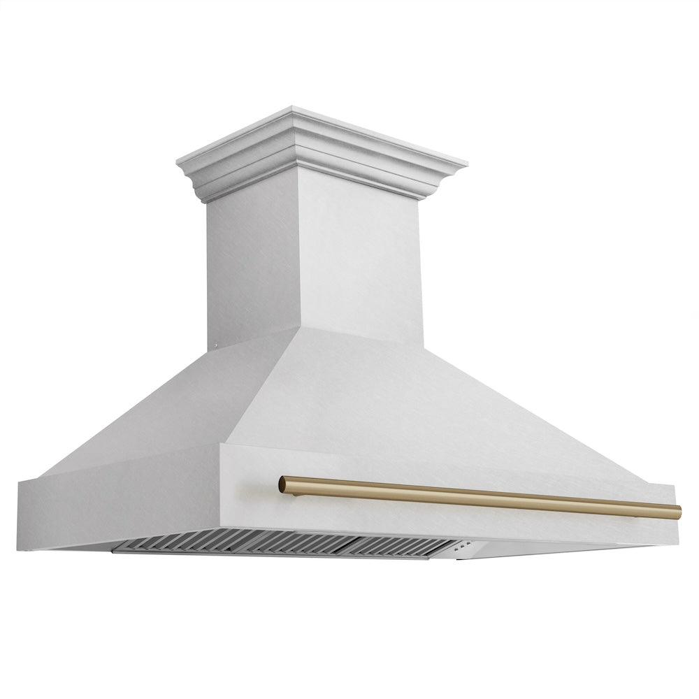ZLINE Autograph Edition 48 in. Satin Stainless Steel Wall Mount Range Hood with Champagne Bronze Handle (8654SNZ-48-CB)