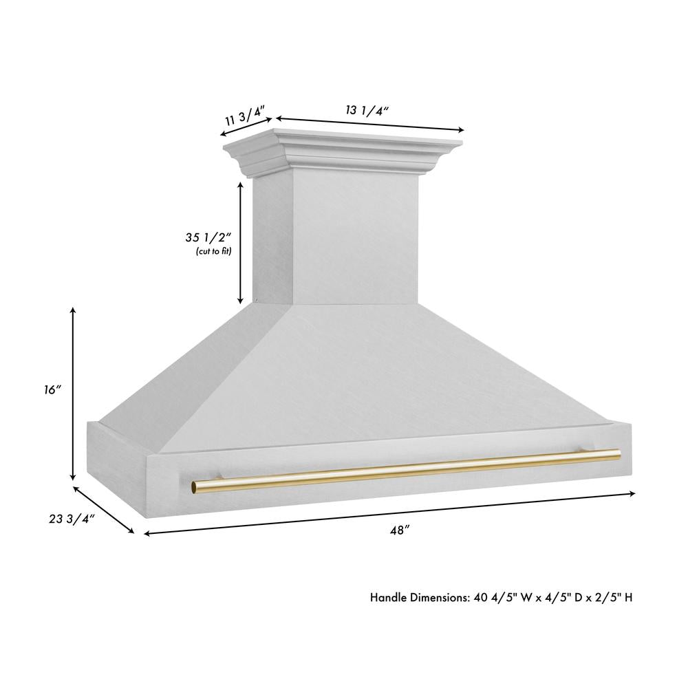ZLINE Autograph Edition 48 in. Satin Stainless Steel Wall Mount Range Hood with Polished Gold Handle (8654SNZ-48-G)