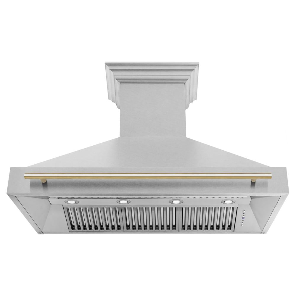 ZLINE Autograph Edition 48 in. Satin Stainless Steel Wall Mount Range Hood with Polished Gold Handle (8654SNZ-48-G)