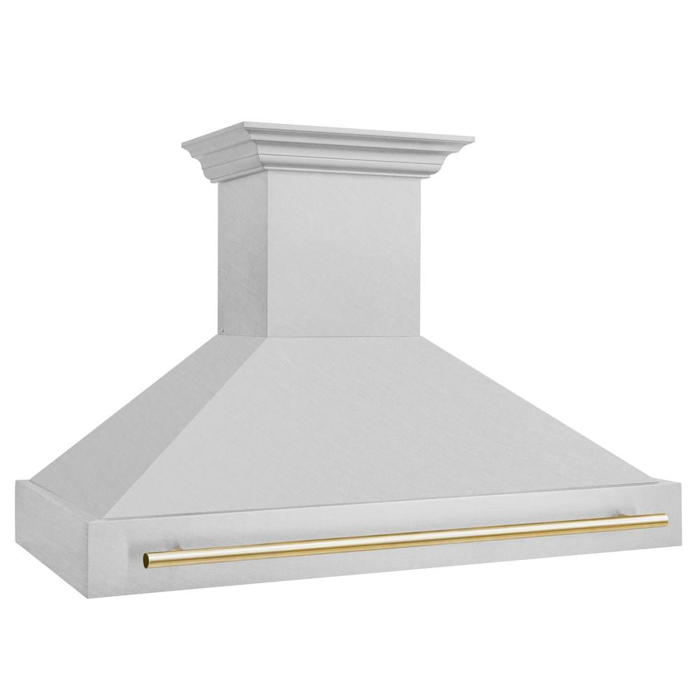 ZLINE Autograph Edition 48 in. Satin Stainless Steel Wall Mount Range Hood with Polished Gold Handle (8654SNZ-48-G)