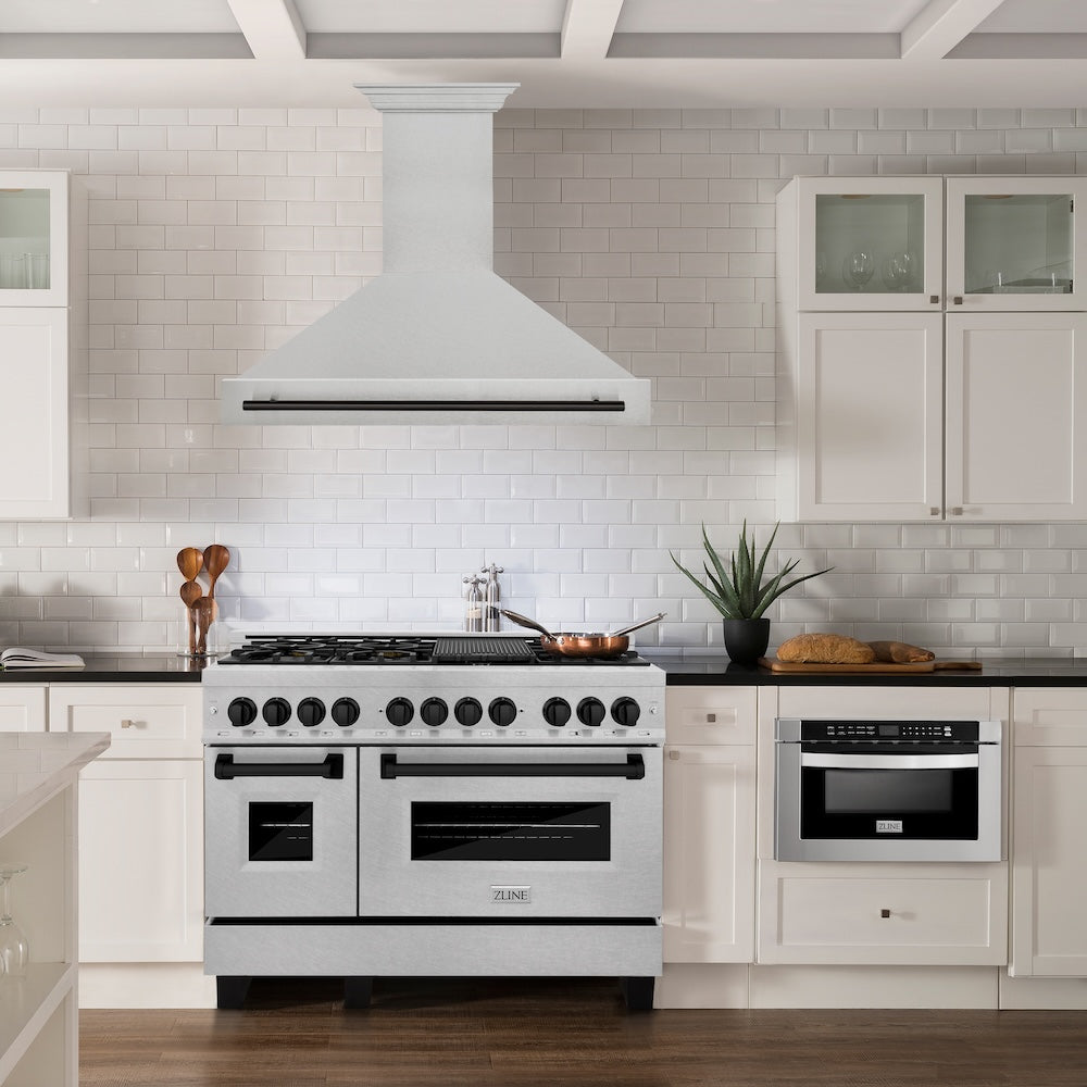 ZLINE Autograph Edition 48 in. Satin Stainless Steel Wall Mount Range Hood with Matte Black Handle (8654SNZ-48-MB)