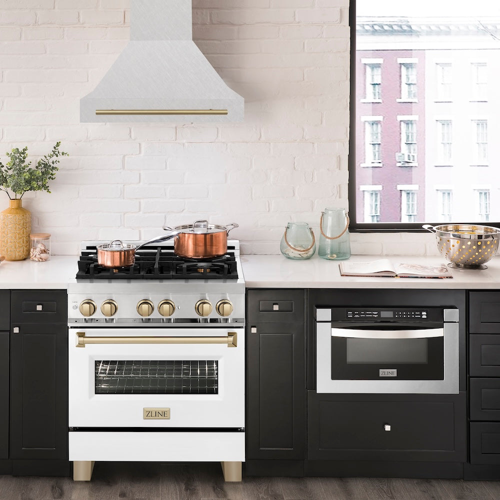 ZLINE Autograph Edition 30 in. Satin Stainless Steel Wall Mount Range Hood with Champagne Bronze Handle (8654SNZ-30-CB)