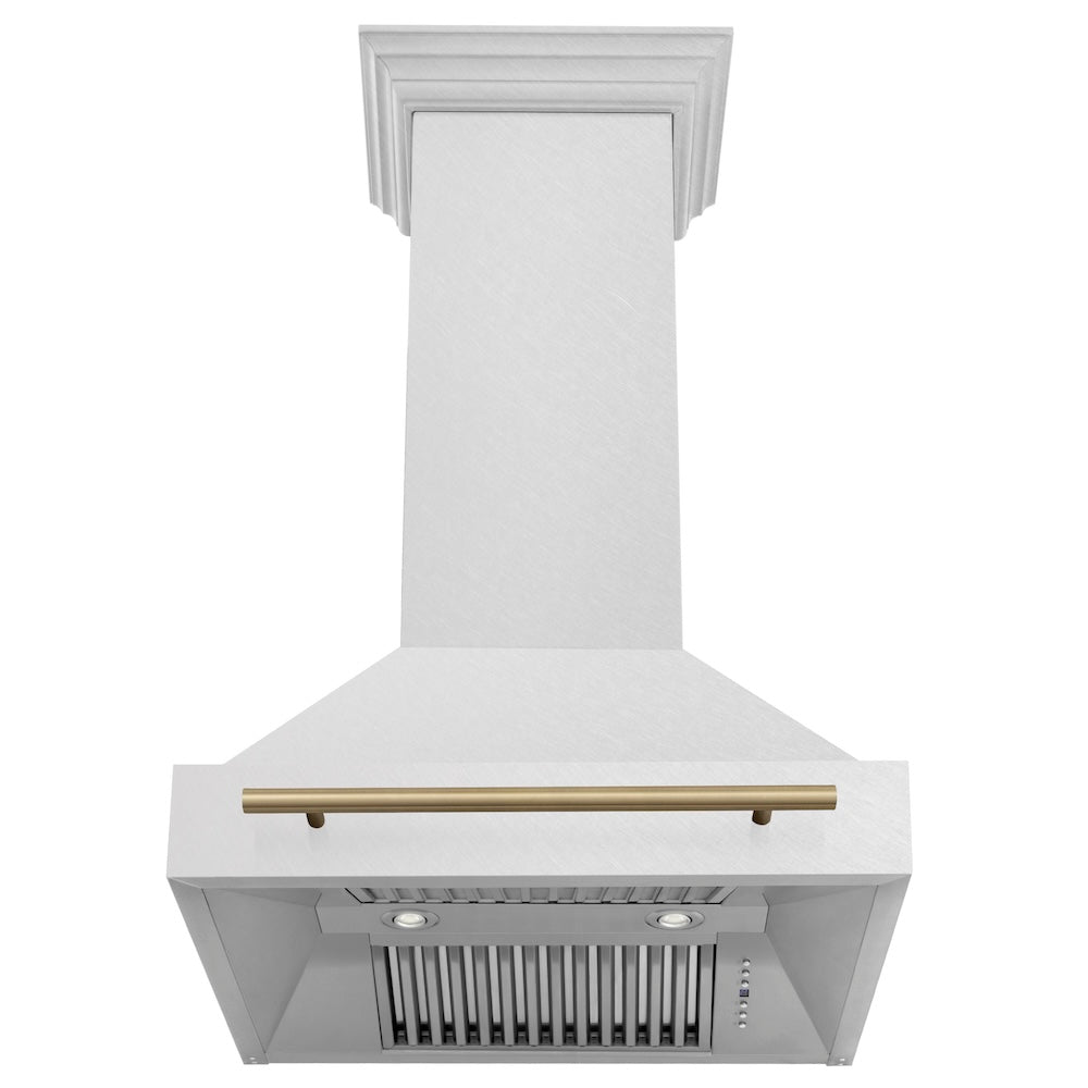 ZLINE Autograph Edition 30 in. Satin Stainless Steel Wall Mount Range Hood with Champagne Bronze Handle (8654SNZ-30-CB)