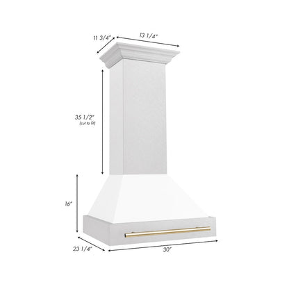 ZLINE Autograph Edition 30 in. Satin Stainless Steel Wall Mount Range Hood with White Matte Shell and Polished Gold Handle (8654SNZ-WM30-G)