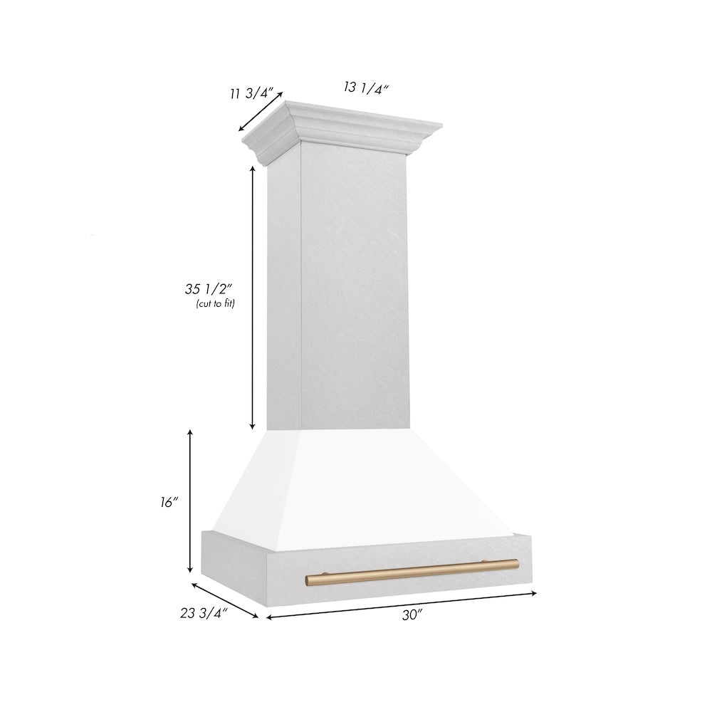 ZLINE Autograph Edition 30 in. Satin Stainless Steel Wall Mount Range Hood with White Matte Shell and Champagne Bronze Handle (8654SNZ-WM30-CB)