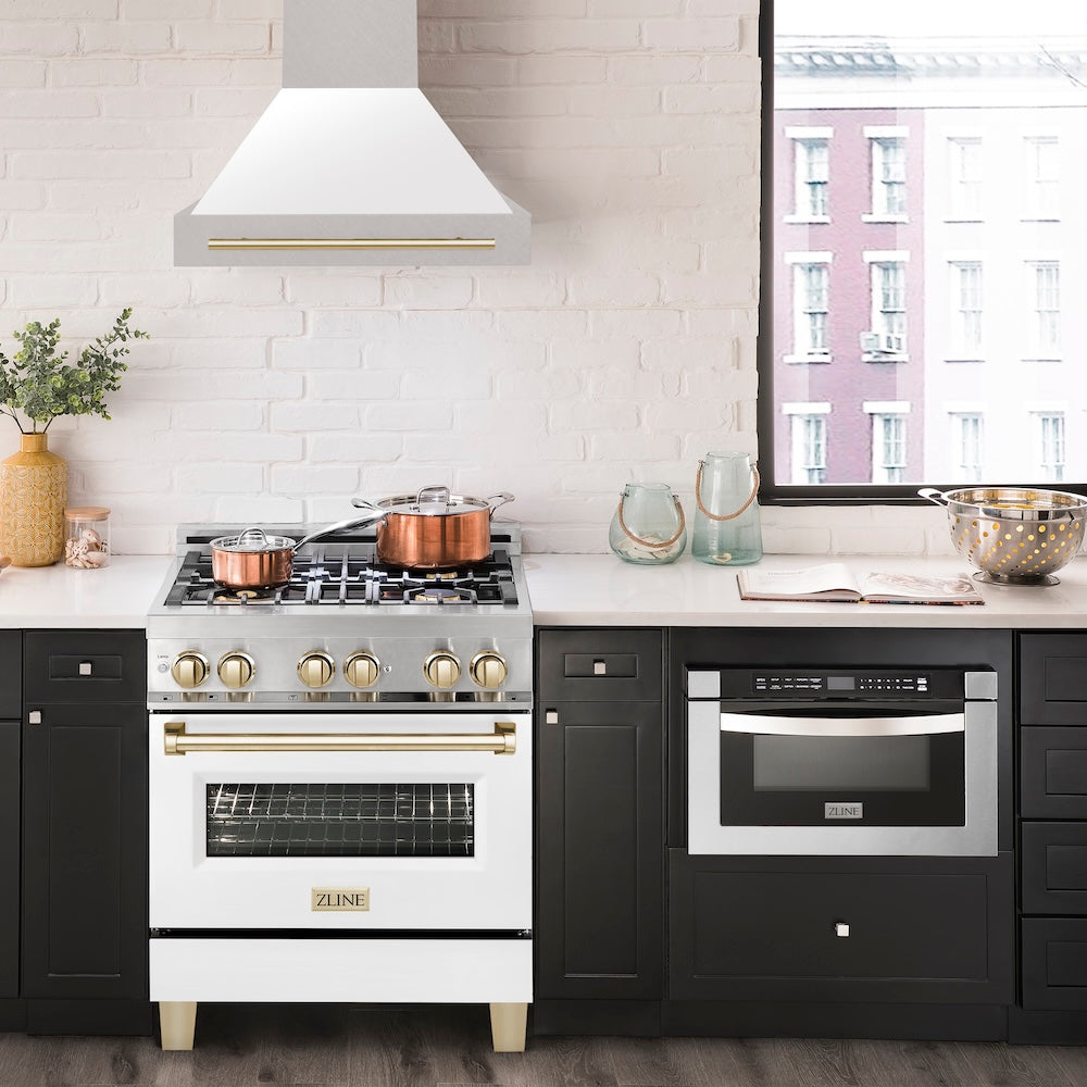 ZLINE Autograph Edition 30 in. Satin Stainless Steel Wall Mount Range Hood with White Matte Shell and Polished Gold Handle (8654SNZ-WM30-G)