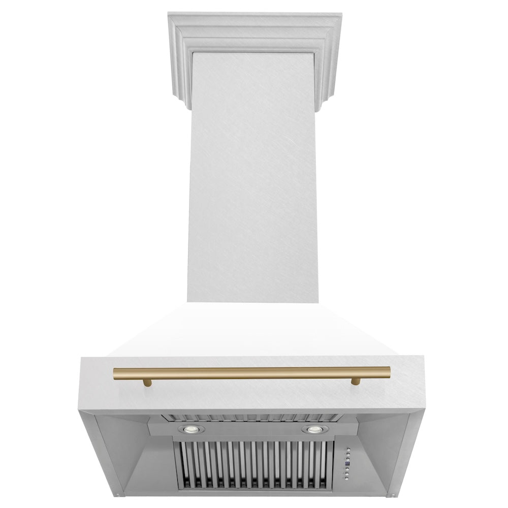 ZLINE Autograph Edition 30 in. Satin Stainless Steel Wall Mount Range Hood with White Matte Shell and Champagne Bronze Handle (8654SNZ-WM30-CB)