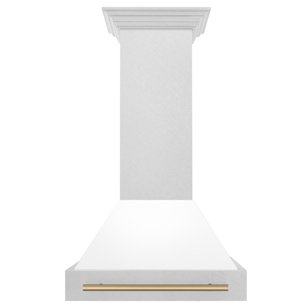 ZLINE Autograph Edition 30 in. Satin Stainless Steel Wall Mount Range Hood with White Matte Shell and Champagne Bronze Handle (8654SNZ-WM30-CB)
