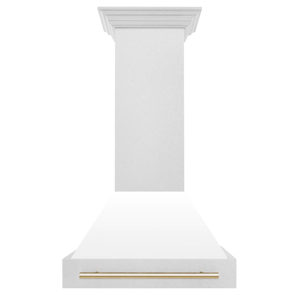 ZLINE Autograph Edition 30 in. Satin Stainless Steel Wall Mount Range Hood with White Matte Shell and Polished Gold Handle (8654SNZ-WM30-G)