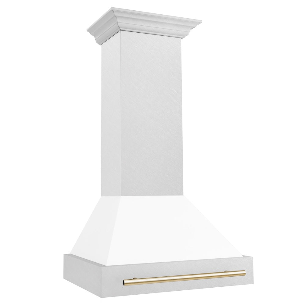 ZLINE Autograph Edition 30 in. Satin Stainless Steel Wall Mount Range Hood with White Matte Shell and Polished Gold Handle (8654SNZ-WM30-G)