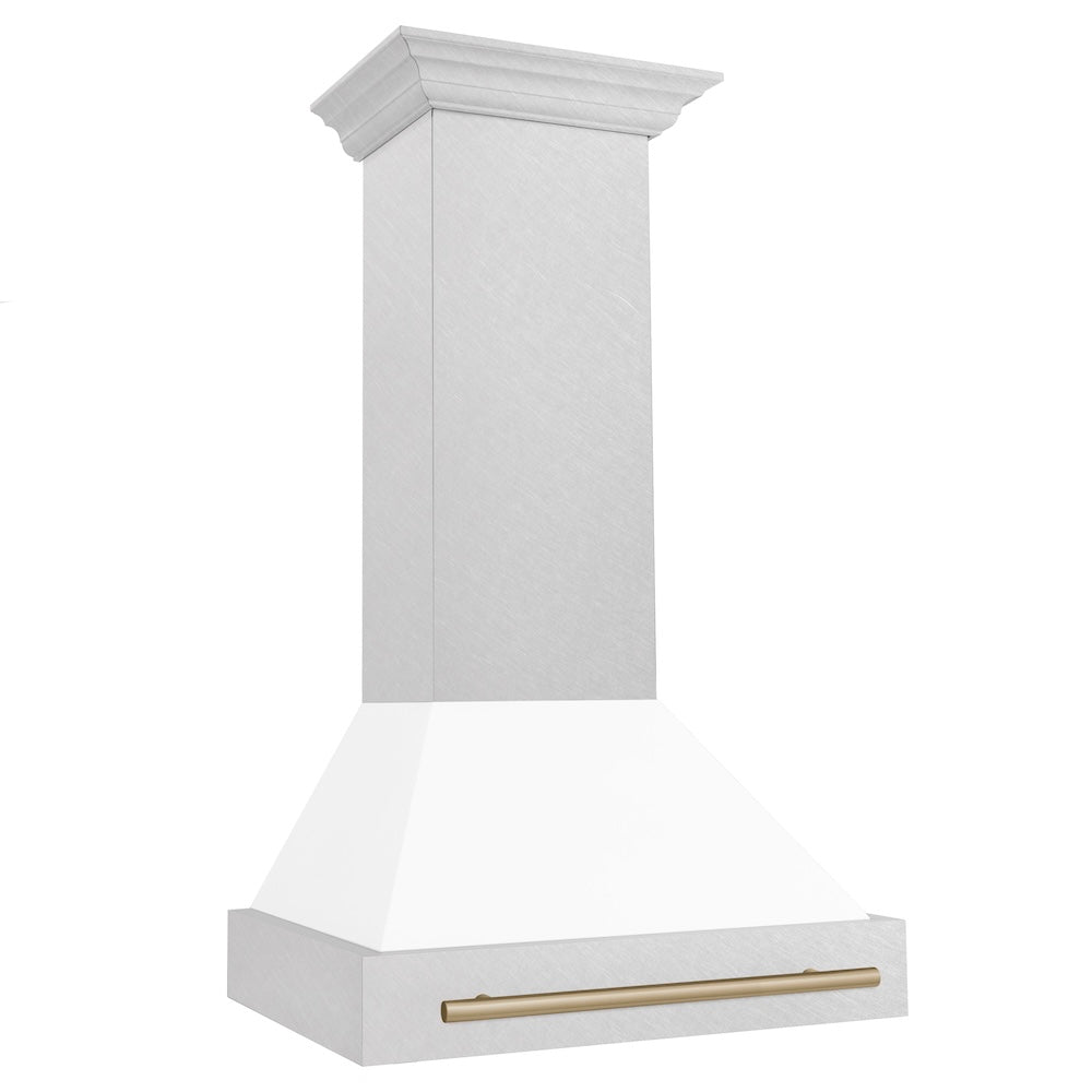 ZLINE Autograph Edition 30 in. Satin Stainless Steel Wall Mount Range Hood with White Matte Shell and Champagne Bronze Handle (8654SNZ-WM30-CB)