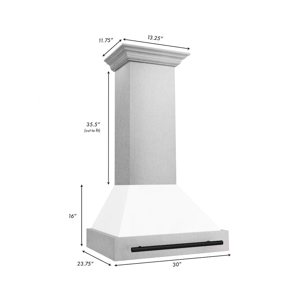ZLINE Autograph Edition 30 in. Satin Stainless Steel Wall Mount Range Hood with White Matte Shell and Matte Black Handle (8654SNZ-WM30-MB)