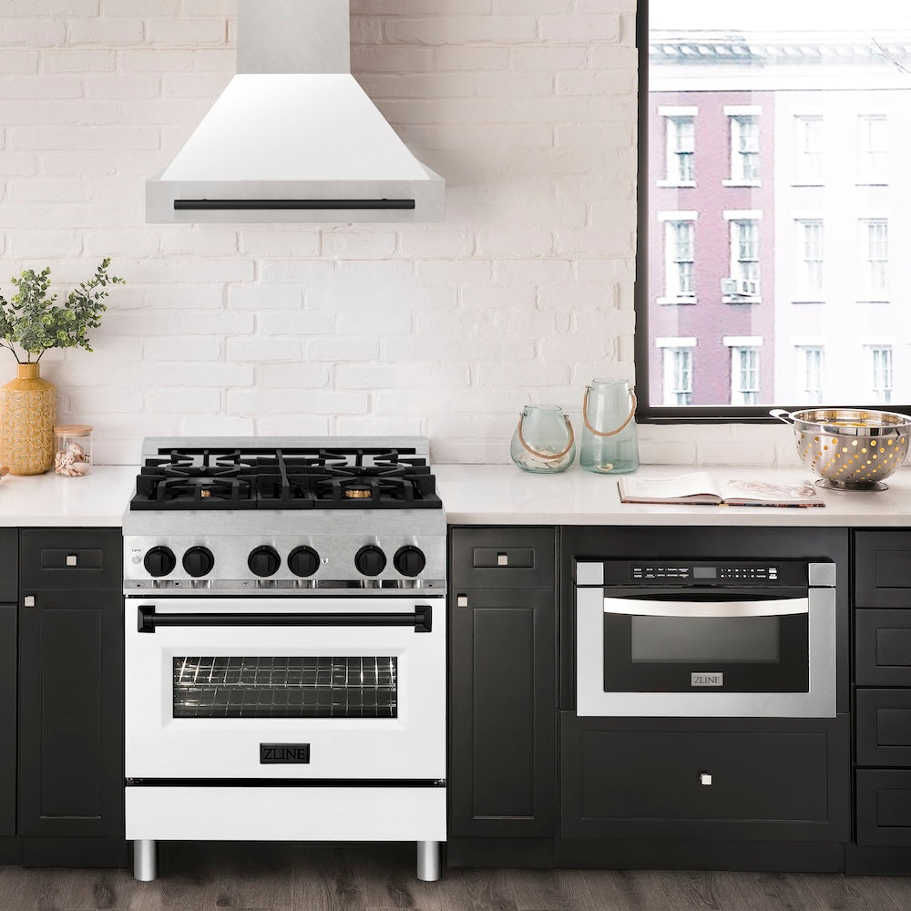 ZLINE Autograph Edition 30 in. Satin Stainless Steel Wall Mount Range Hood with White Matte Shell and Matte Black Handle (8654SNZ-WM30-MB)