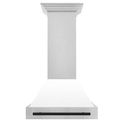 ZLINE Autograph Edition 30 in. Satin Stainless Steel Wall Mount Range Hood with White Matte Shell and Matte Black Handle (8654SNZ-WM30-MB)