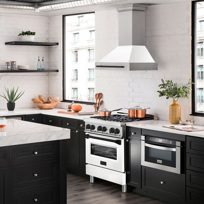 ZLINE Autograph Edition 30 in. Satin Stainless Steel Wall Mount Range Hood with White Matte Shell and Matte Black Handle (8654SNZ-WM30-MB)
