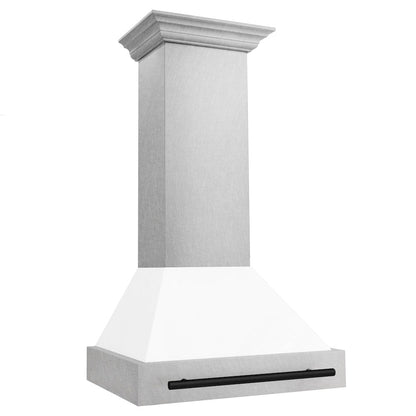 ZLINE Autograph Edition 30 in. Satin Stainless Steel Wall Mount Range Hood with White Matte Shell and Matte Black Handle (8654SNZ-WM30-MB)