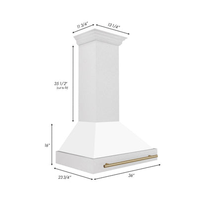 ZLINE Autograph Edition 36 in. Satin Stainless Steel Wall Mount Range Hood with White Matte Shell and Champagne Bronze Handle (8654SNZ-WM36-CB)