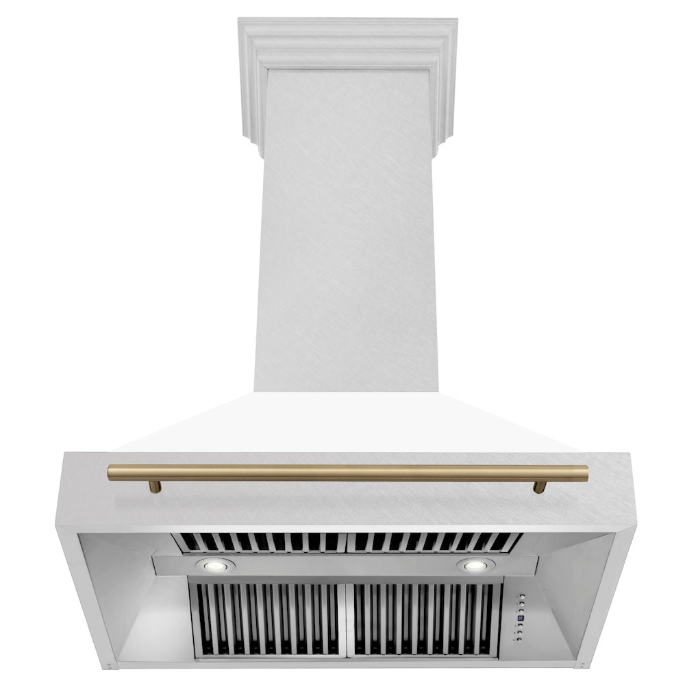 ZLINE Autograph Edition 36 in. Satin Stainless Steel Wall Mount Range Hood with White Matte Shell and Champagne Bronze Handle (8654SNZ-WM36-CB)