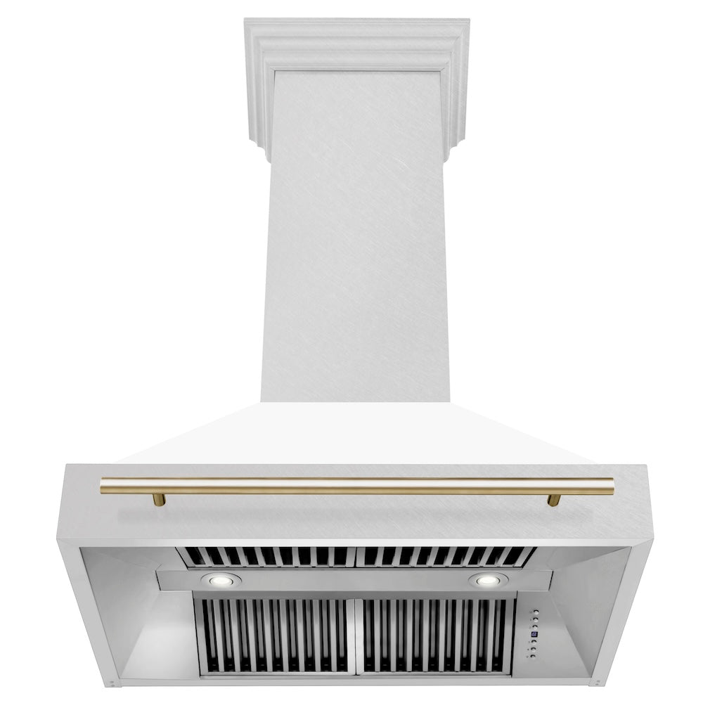 ZLINE Autograph Edition 36 in. Satin Stainless Steel Wall Mount Range Hood with White Matte Shell and Polished Gold Handle (8654SNZ-WM36-G)