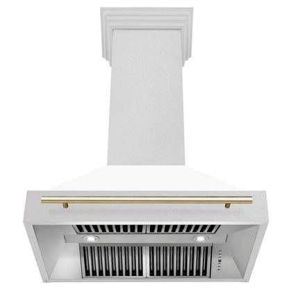 ZLINE Autograph Edition 36 in. Satin Stainless Steel Wall Mount Range Hood with White Matte Shell and Polished Gold Handle (8654SNZ-WM36-G)