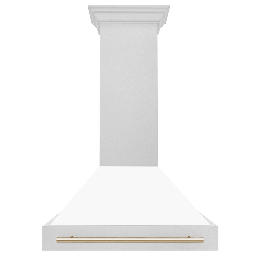 ZLINE Autograph Edition 36 in. Satin Stainless Steel Wall Mount Range Hood with White Matte Shell and Polished Gold Handle (8654SNZ-WM36-G)