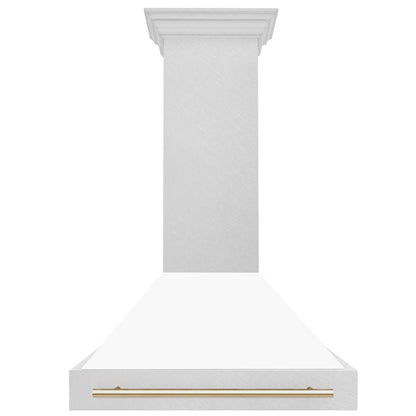 ZLINE Autograph Edition 36 in. Satin Stainless Steel Wall Mount Range Hood with White Matte Shell and Polished Gold Handle (8654SNZ-WM36-G)