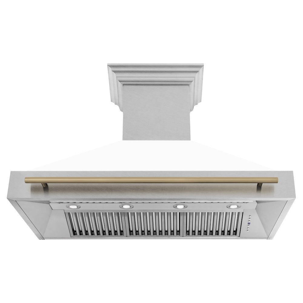 ZLINE Autograph Edition 48 in. Satin Stainless Steel Wall Mount Range Hood with White Matte Shell and Champagne Bronze Handle (8654SNZ-WM48-CB)