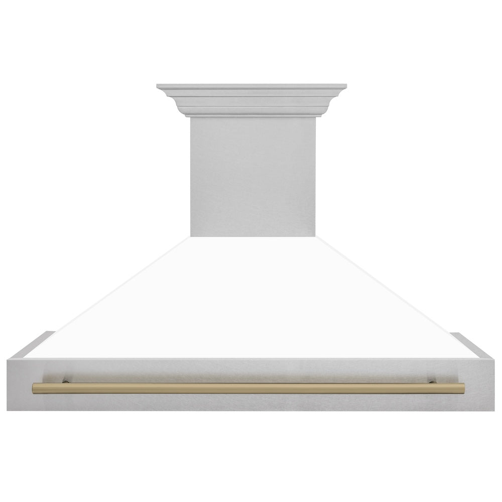 ZLINE Autograph Edition 48 in. Satin Stainless Steel Wall Mount Range Hood with White Matte Shell and Champagne Bronze Handle (8654SNZ-WM48-CB)