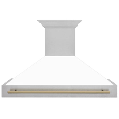 ZLINE Autograph Edition 48 in. Satin Stainless Steel Wall Mount Range Hood with White Matte Shell and Champagne Bronze Handle (8654SNZ-WM48-CB)