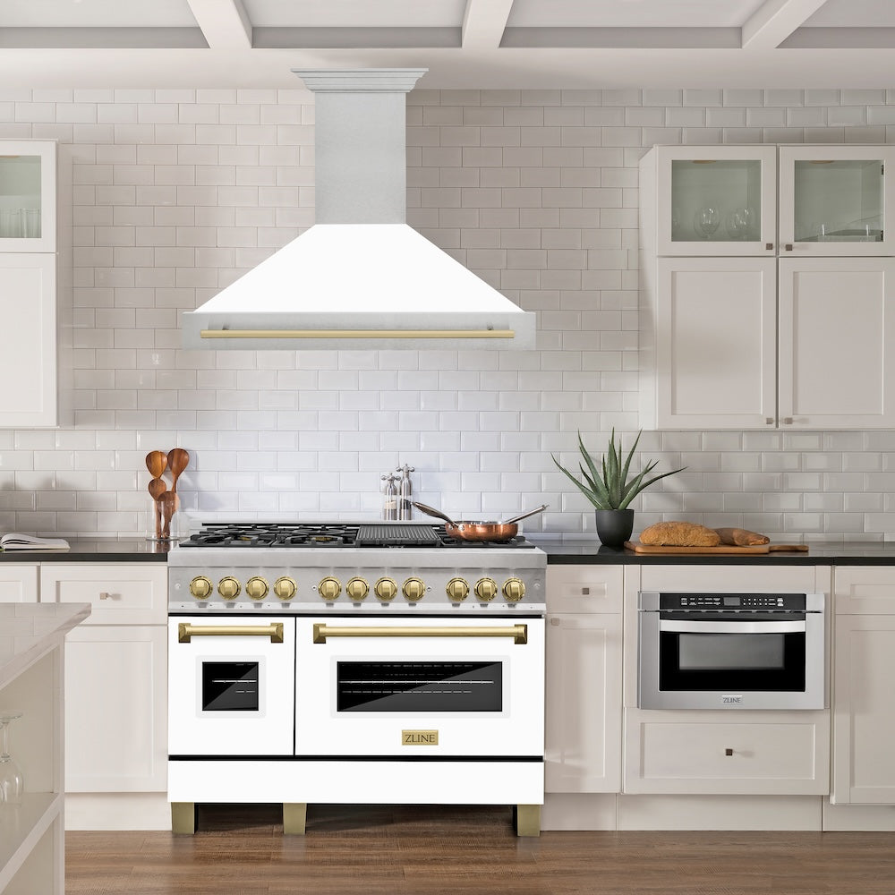 ZLINE Autograph Edition 48 in. Satin Stainless Steel Wall Mount Range Hood with White Matte Shell and Champagne Bronze Handle (8654SNZ-WM48-CB)