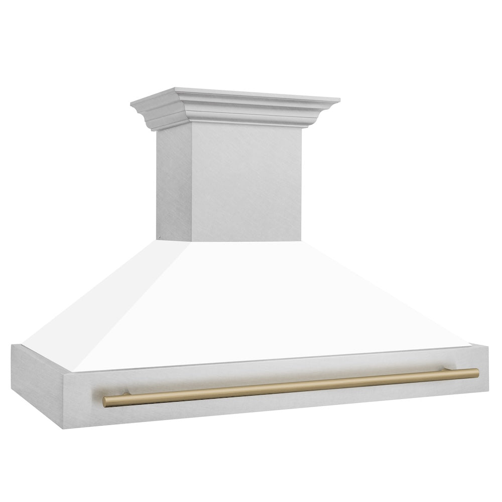 ZLINE Autograph Edition 48 in. Satin Stainless Steel Wall Mount Range Hood with White Matte Shell and Champagne Bronze Handle (8654SNZ-WM48-CB)