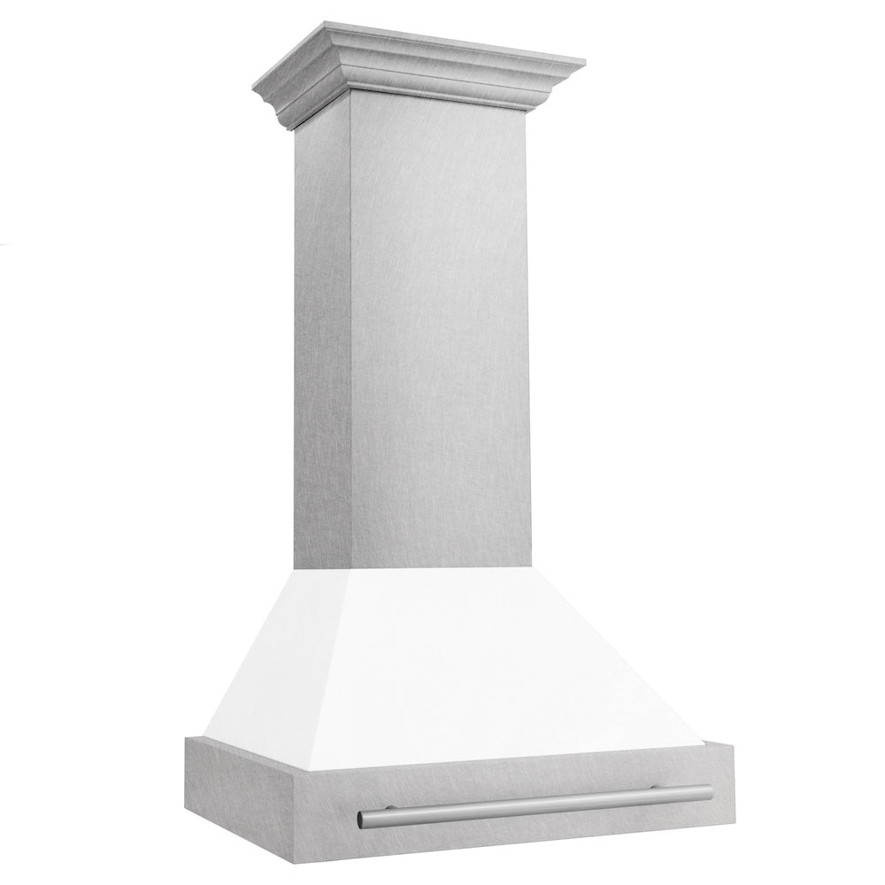 ZLINE 30 in. Satin Stainless Steel Wall Mount Range Hood with White Matte Shell and Stainless Steel Handle (8654SNX-WM-30)