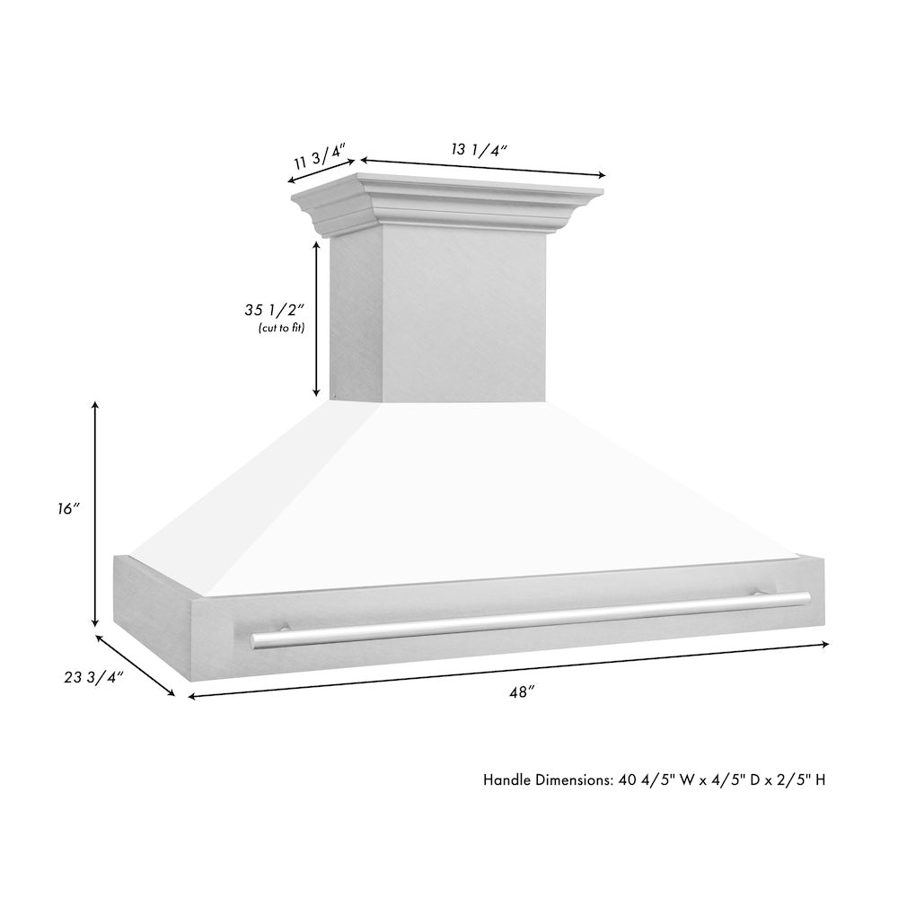 ZLINE 48 in. Satin Stainless Steel Wall Mount Range Hood with White Matte Shell and Stainless Steel Handle (8654SNX-WM-48)