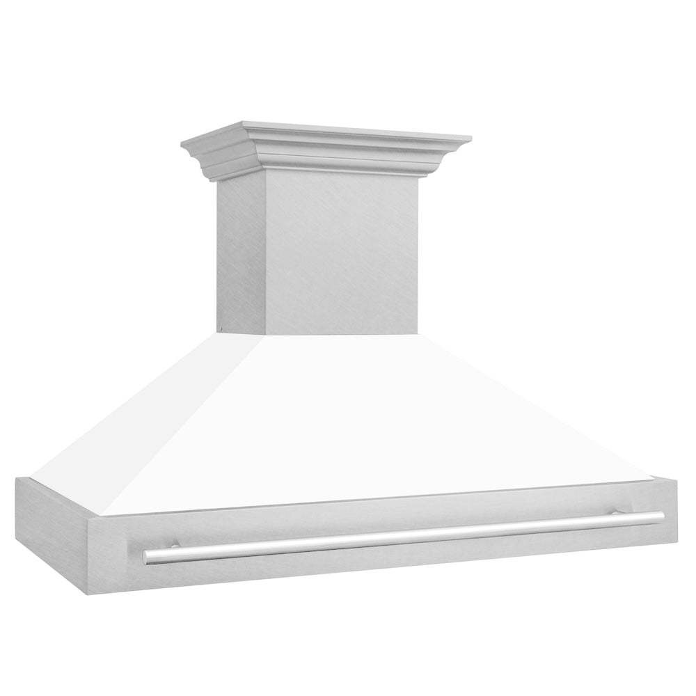 ZLINE 48 in. Satin Stainless Steel Wall Mount Range Hood with White Matte Shell and Stainless Steel Handle (8654SNX-WM-48)