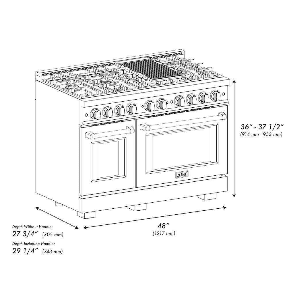 ZLINE 48 in. 6.7 cu. ft. Select Double Oven Gas Range with 8 Burner Cooktop in Satin Stainless Steel with Black Matte Doors (HGRS-BLM-48)