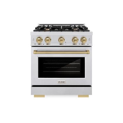 ZLINE Autograph Edition 30 in. 4.2 cu. ft. Select Dual Fuel Range with 4 Burner Gas Cooktop and Electric Convection Oven in Satin Stainless Steel with Champagne Bronze Accents (HDRSZ-30-CB)