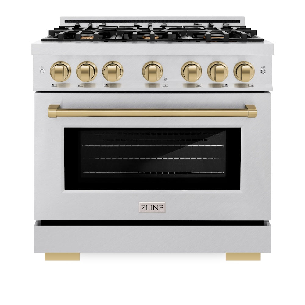 ZLINE Autograph Edition 36 in. 5.2 cu. ft. Select Dual Fuel Range with 6 Burner Gas Cooktop and Electric Convection Oven in Satin Stainless Steel with Champagne Bronze Accents (HDRSZ-36-CB)