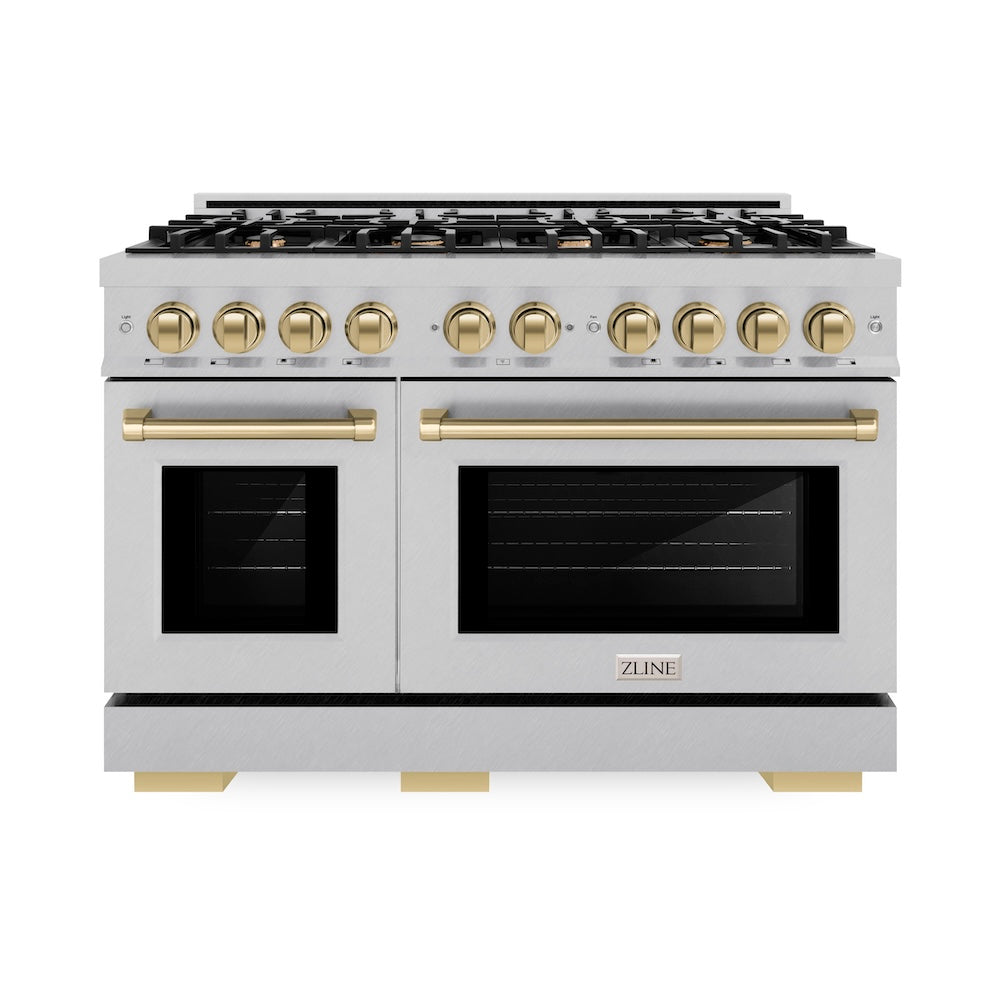 ZLINE Autograph Edition 48 in. 6.7 cu. ft. Select Double Oven Dual Fuel Range with 8 Burner Gas Cooktop in Satin Stainless Steel and Champagne Bronze Accents (HDRSZ-48-CB)