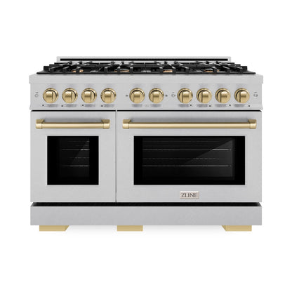 ZLINE Autograph Edition 48 in. 6.7 cu. ft. Select Double Oven Dual Fuel Range with 8 Burner Gas Cooktop in Satin Stainless Steel and Champagne Bronze Accents (HDRSZ-48-CB)