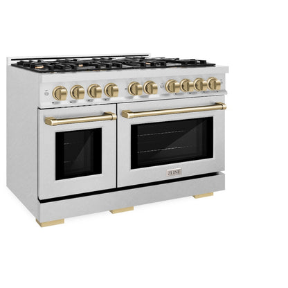 ZLINE Autograph Edition 48 in. 6.7 cu. ft. Select Double Oven Dual Fuel Range with 8 Burner Gas Cooktop in Satin Stainless Steel and Champagne Bronze Accents (HDRSZ-48-CB)