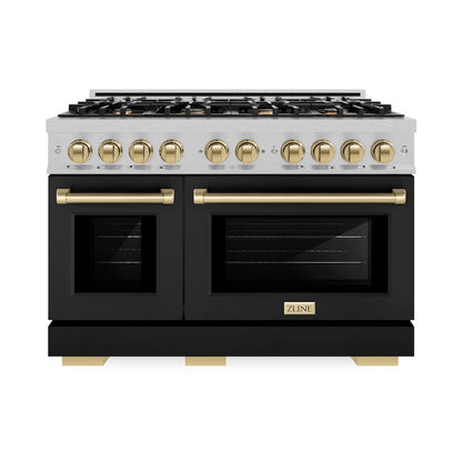 ZLINE Autograph Edition 48 in. 6.7 cu. ft. Select Double Oven Dual Fuel Range with 8 Burner Gas Cooktop in Satin Stainless Steel with Black Matte Doors and Champagne Bronze Accents (HDRSZ-BLM-48-CB)