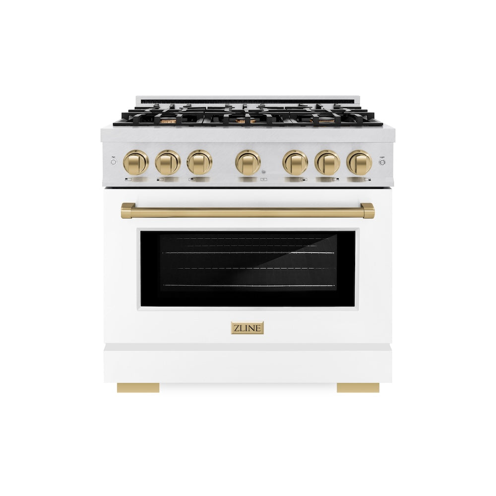 ZLINE Autograph Edition 36 in. 5.2 cu. ft. Select Dual Fuel Range with 6 Burner Gas Cooktop and Electric Convection Oven in Satin Stainless Steel with White Matte Door and Champagne Bronze Accents (HDRSZ-WM-36-CB)