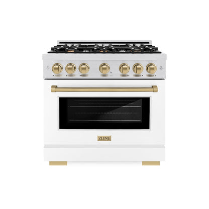 ZLINE Autograph Edition 36 in. 5.2 cu. ft. Select Dual Fuel Range with 6 Burner Gas Cooktop and Electric Convection Oven in Satin Stainless Steel with White Matte Door and Champagne Bronze Accents (HDRSZ-WM-36-CB)