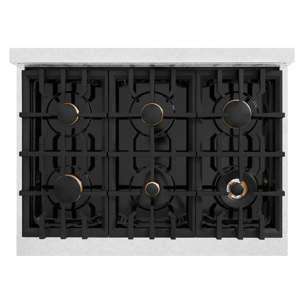 ZLINE Autograph Edition 36 in. 5.2 cu. ft. Select Dual Fuel Range with 6 Burner Gas Cooktop and Electric Convection Oven in Satin Stainless Steel with White Matte Door and Champagne Bronze Accents (HDRSZ-WM-36-CB)